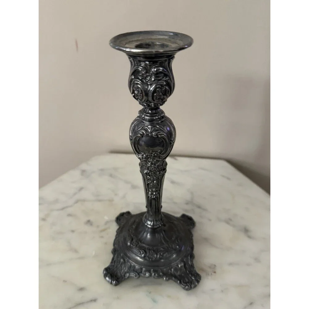 Vintage Victorian Rose WM Rogers & Son Silver Plated Candlestick 9” Heavy